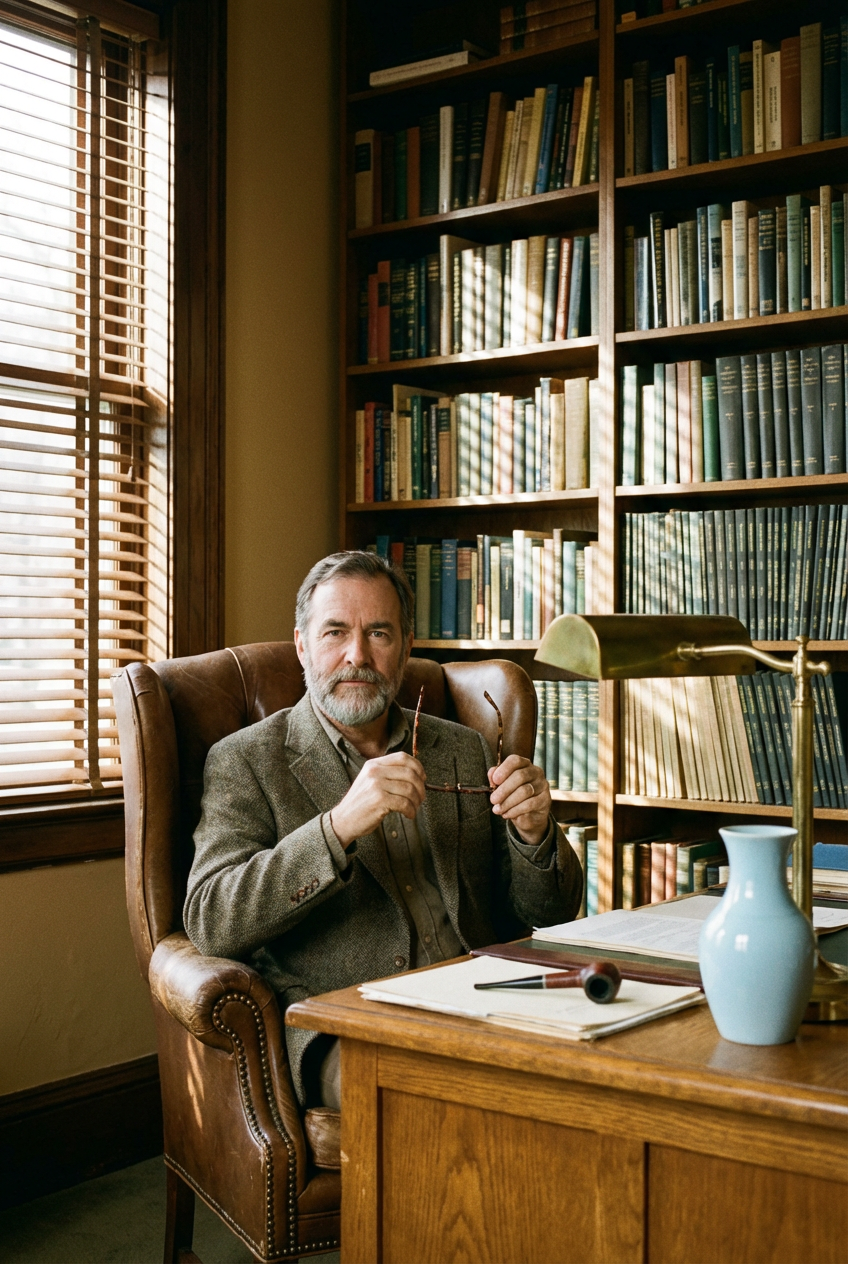 Kitaplarla dolu ofisinde oturan davranis bilimci profesyonel