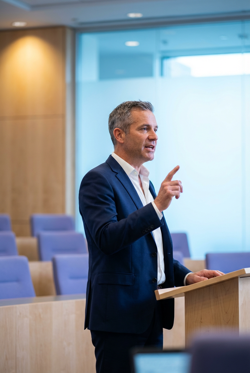 Sahne onunde sunum yapan erkek konusmaci