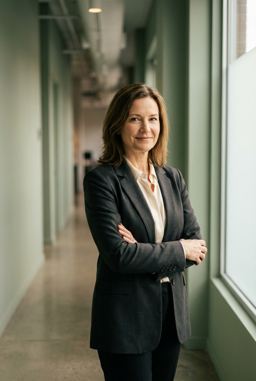 Deneyimli kadin stratejist takim elbisesiyle gulumseyerek poz veriyor