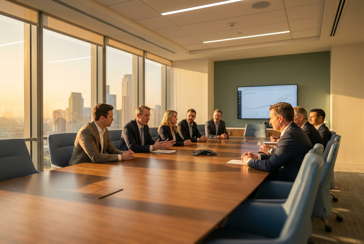 Sabah isiginda modern konferans salonunda toplanti yapan profesyoneller